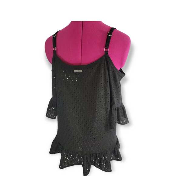 **NWT** Michael Kors Eyelet Cold Shoulder Ruffle Top Size Medium Black - Picture 8 of 8